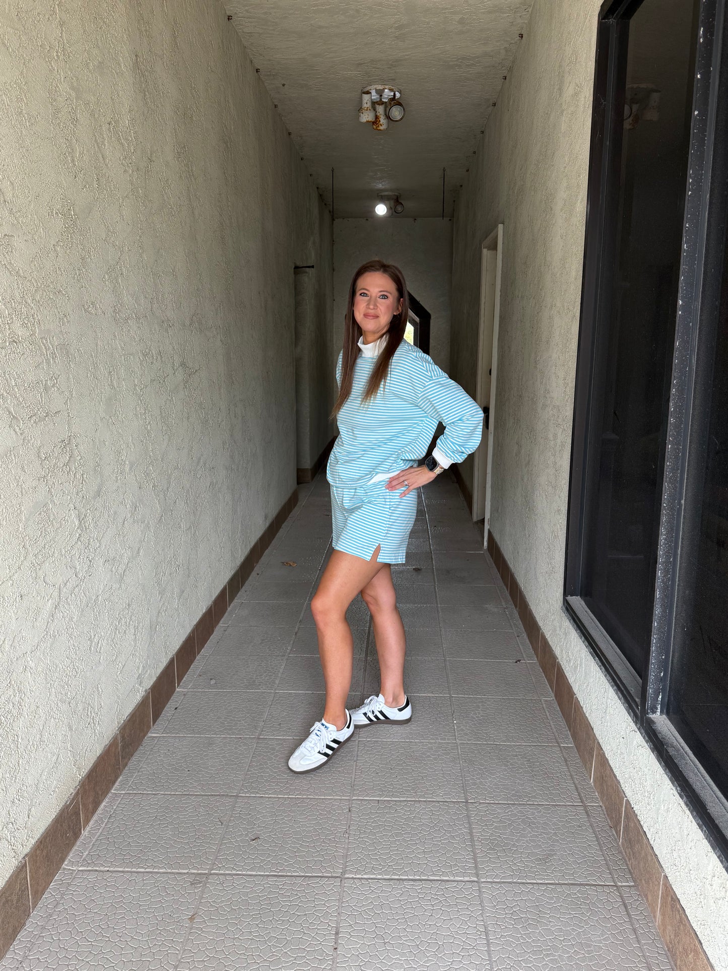 2 pc set striped mock neck short set