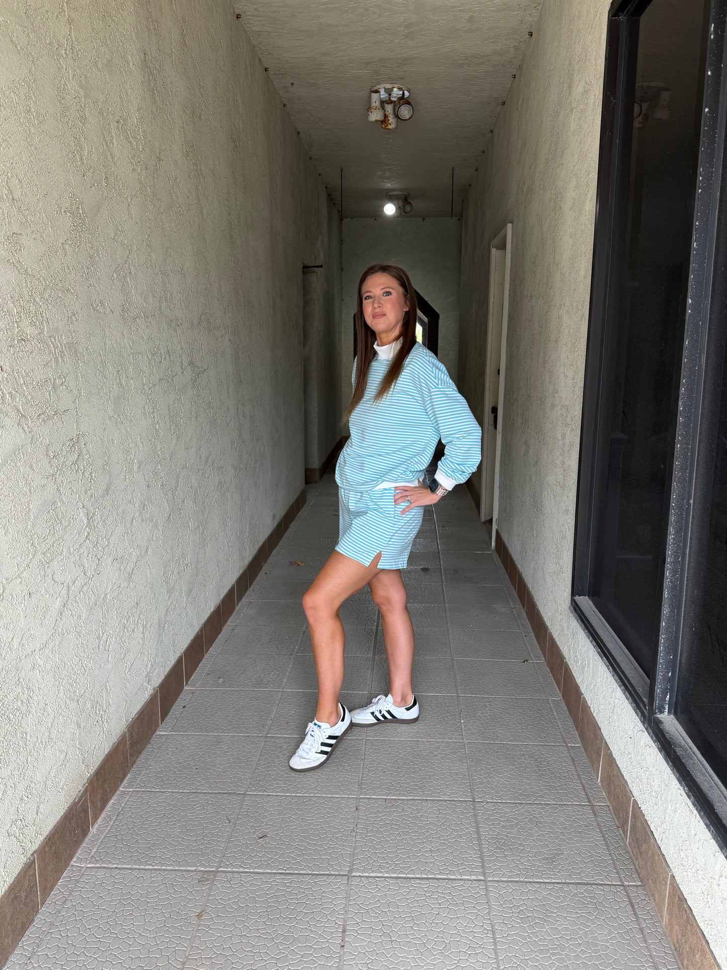2 pc set striped mock neck short set