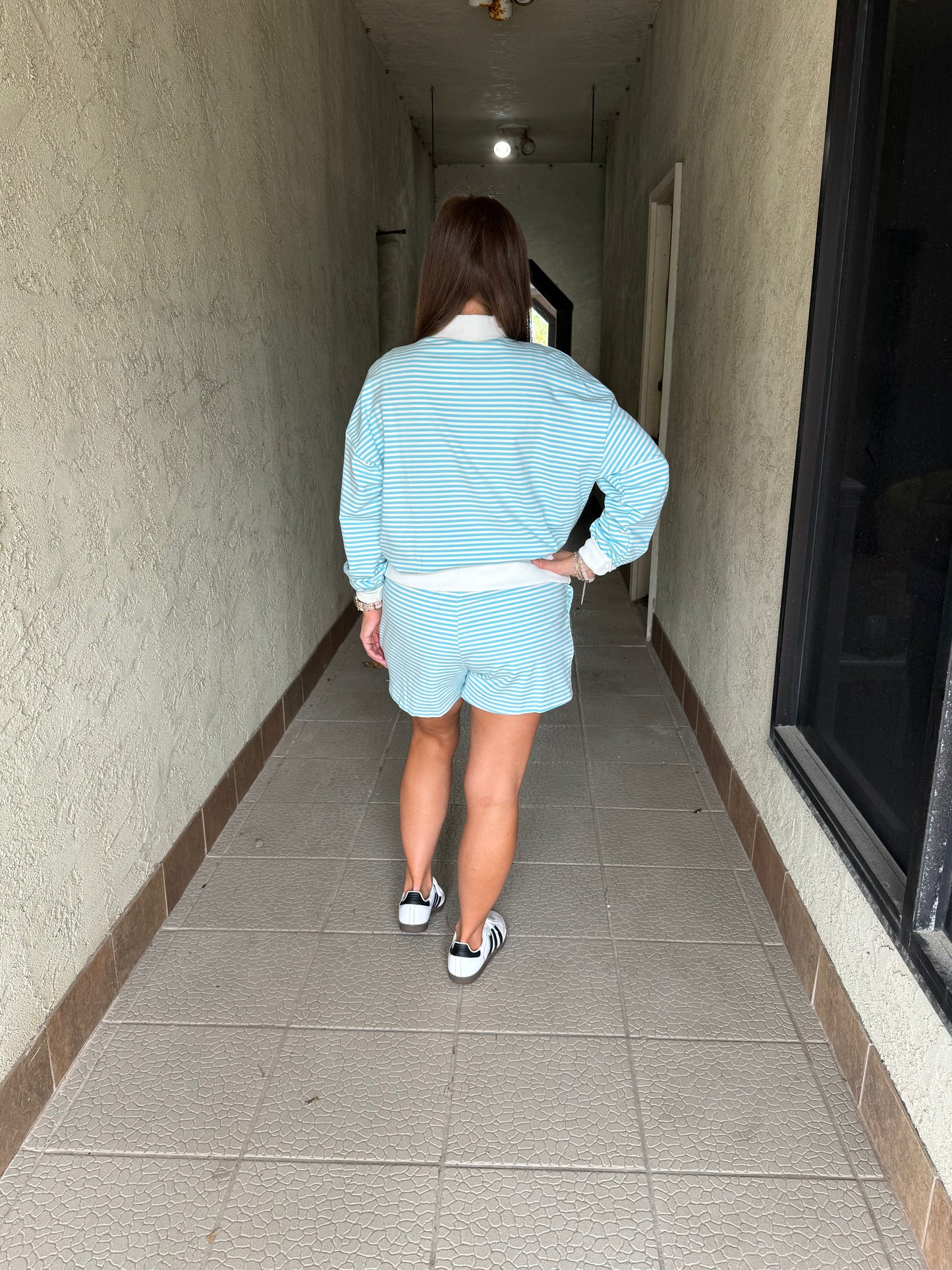 2 pc set striped mock neck short set