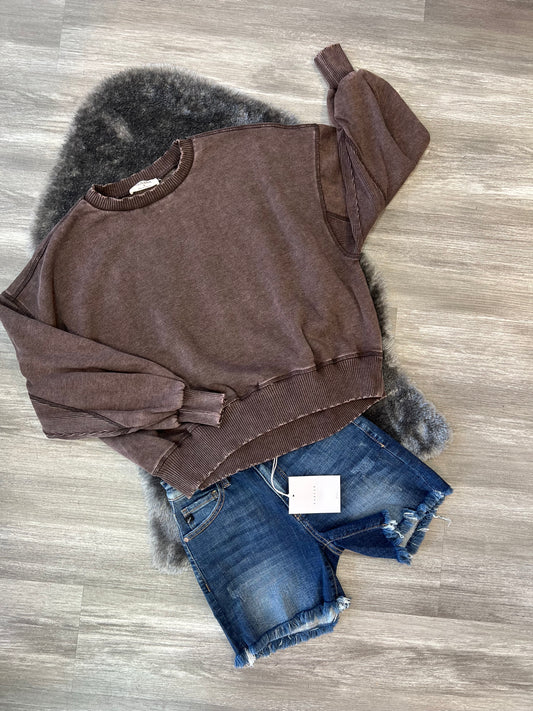 Zenana Brown Distressed Sweat Shirt