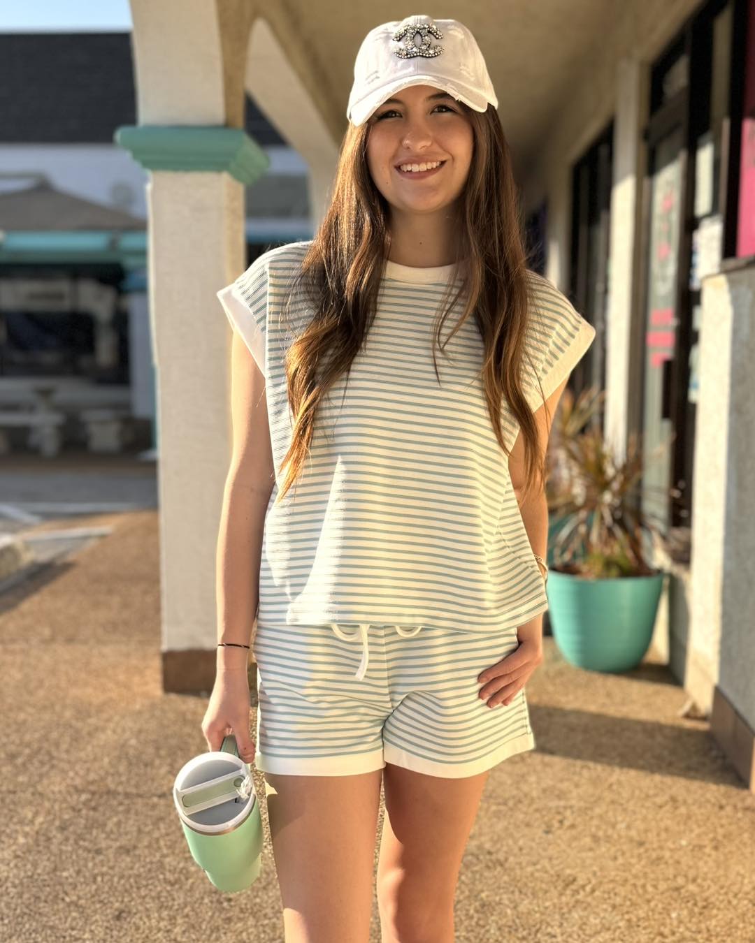 Stripe Contrast Trim Top & Shorts Set