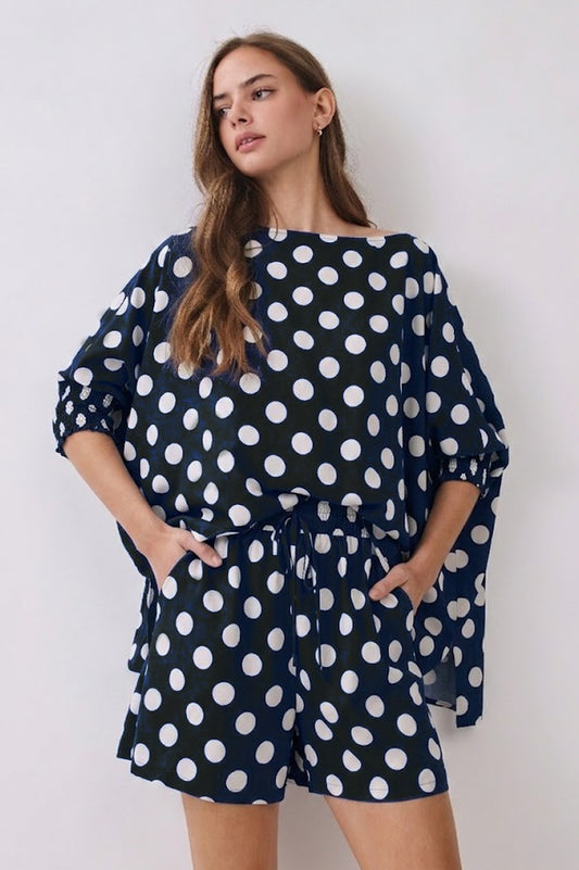 Polka Dot Batwing Lounge Top And Shorts Set