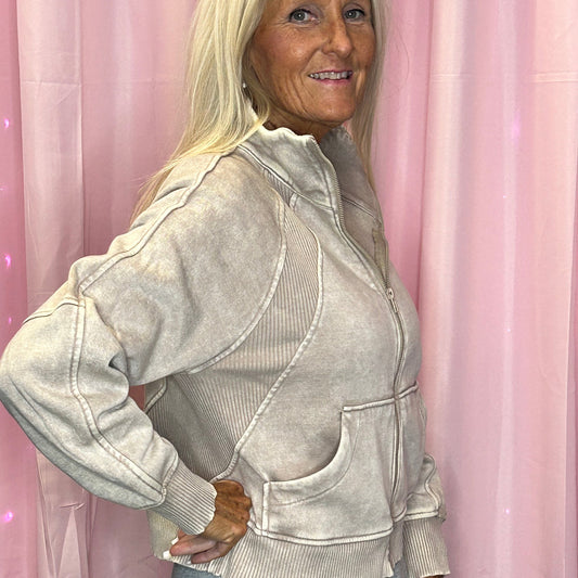 Acid wash zip up fleece jacket