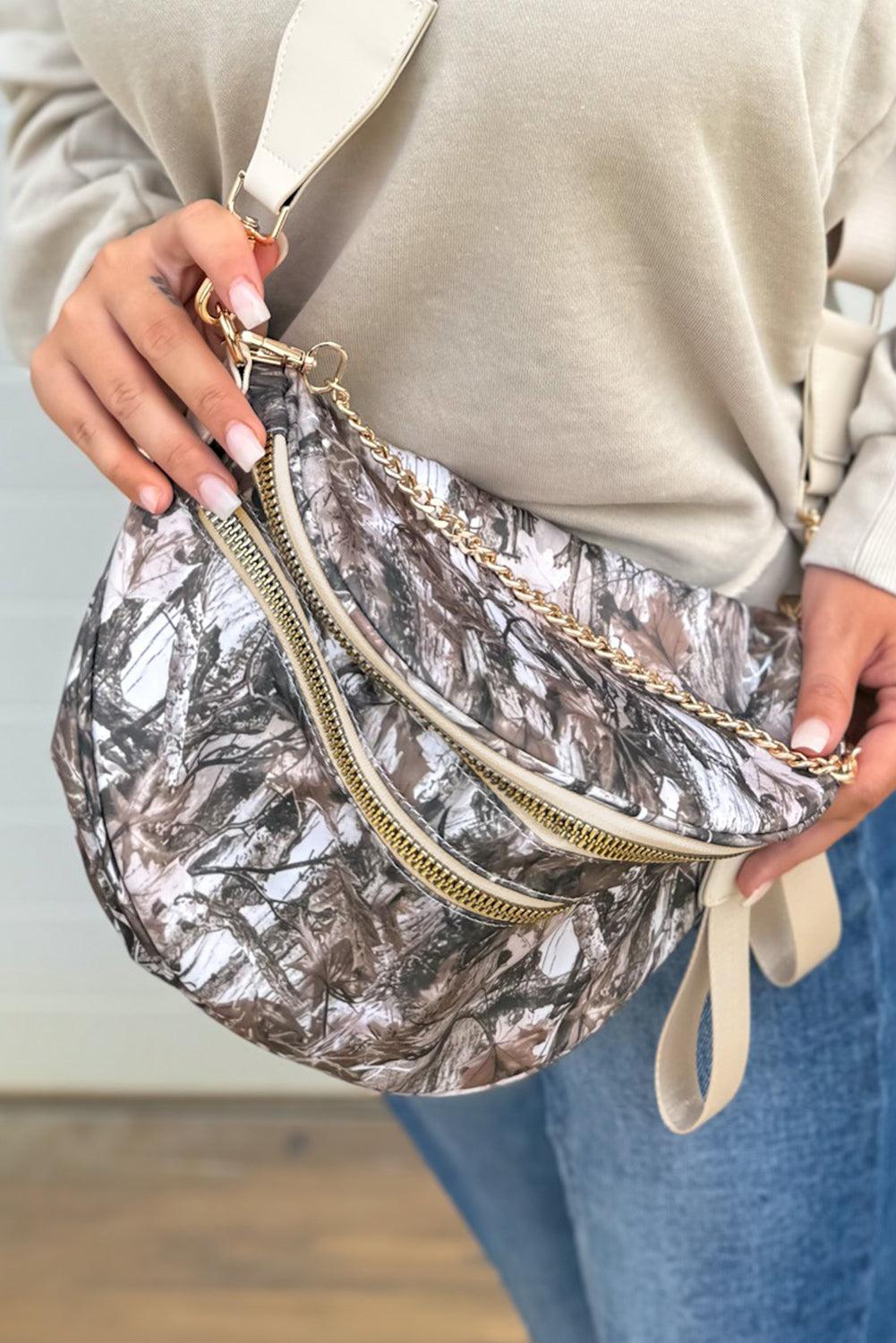 Light Grey Camouflage Print Double Zipper Crossbody Bag