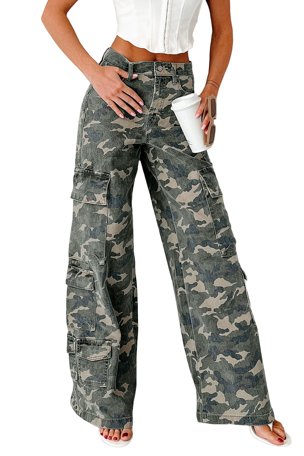 Green Camo Multi Pocket Cargo Wide Leg Jeans