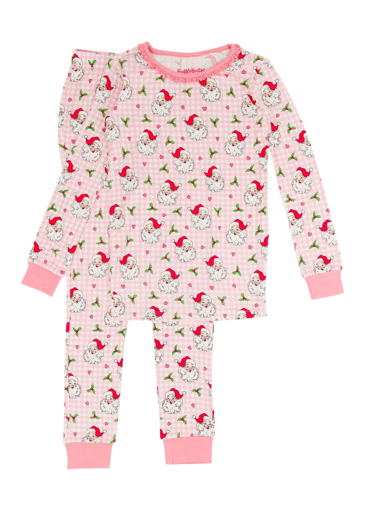 SoftSnooze™ Girls Bamboo Viscose Pink Dear Santa Ruffle Long Sleeve Pajama Set