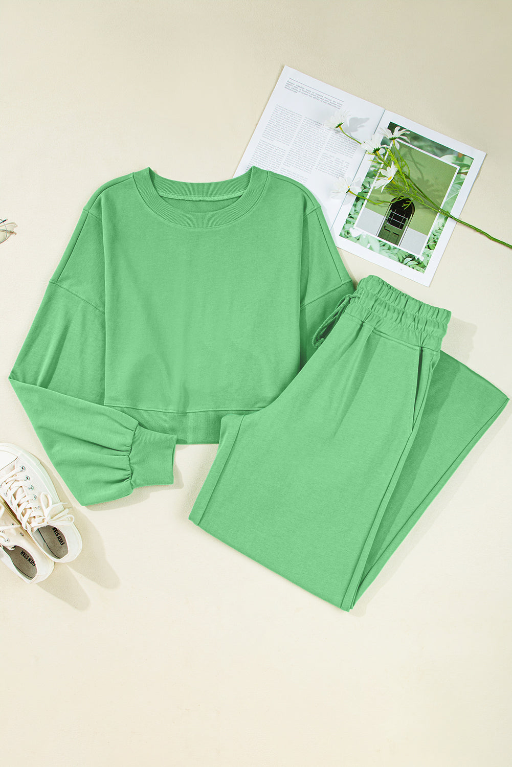 Bright Green Drop Shoulder Crop Pullover Drawstring Wide Leg Pants Set