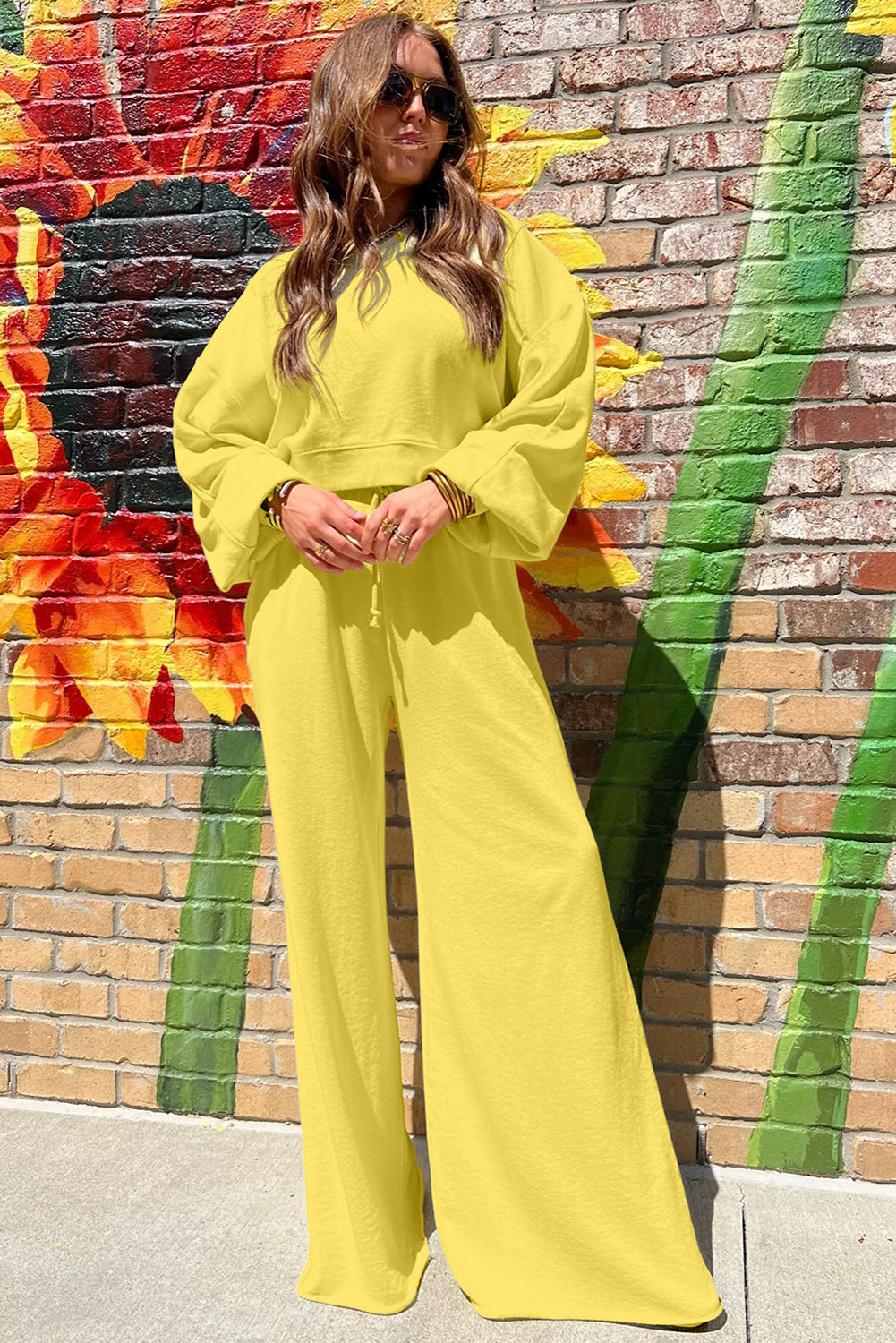 Bright Green Drop Shoulder Crop Pullover Drawstring Wide Leg Pants Set