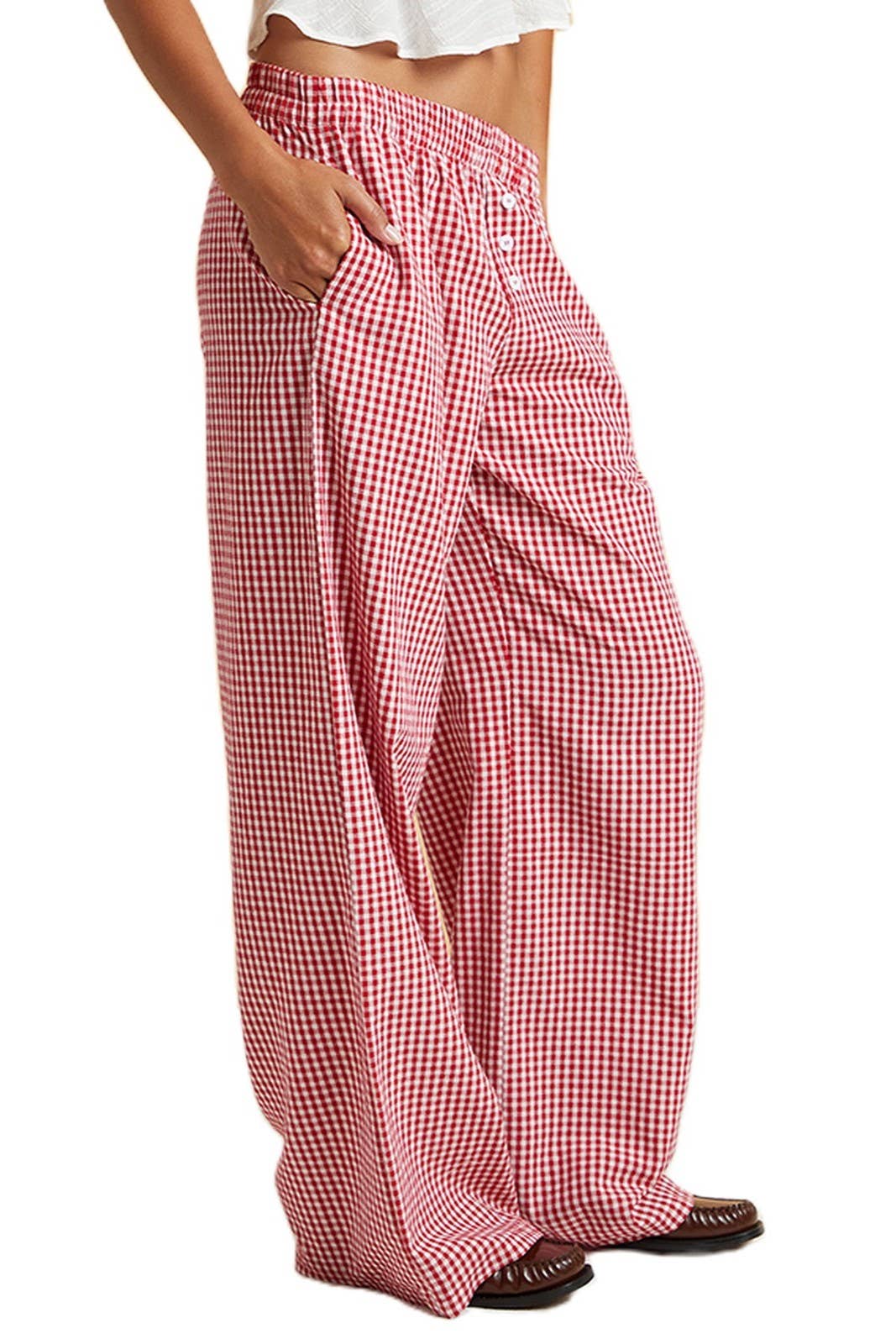 Easy daily patchwork gingham wide leg pants