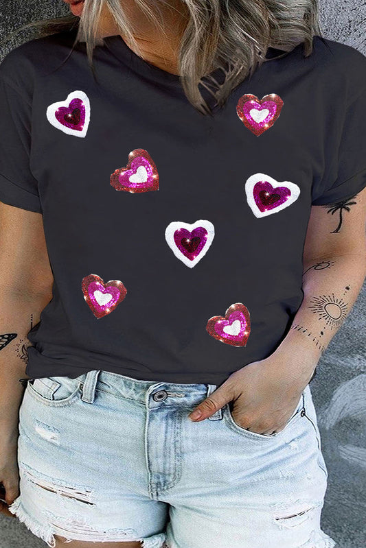 Black Heart Patched Graphic Crewneck Plus Size Valentines T Shirt