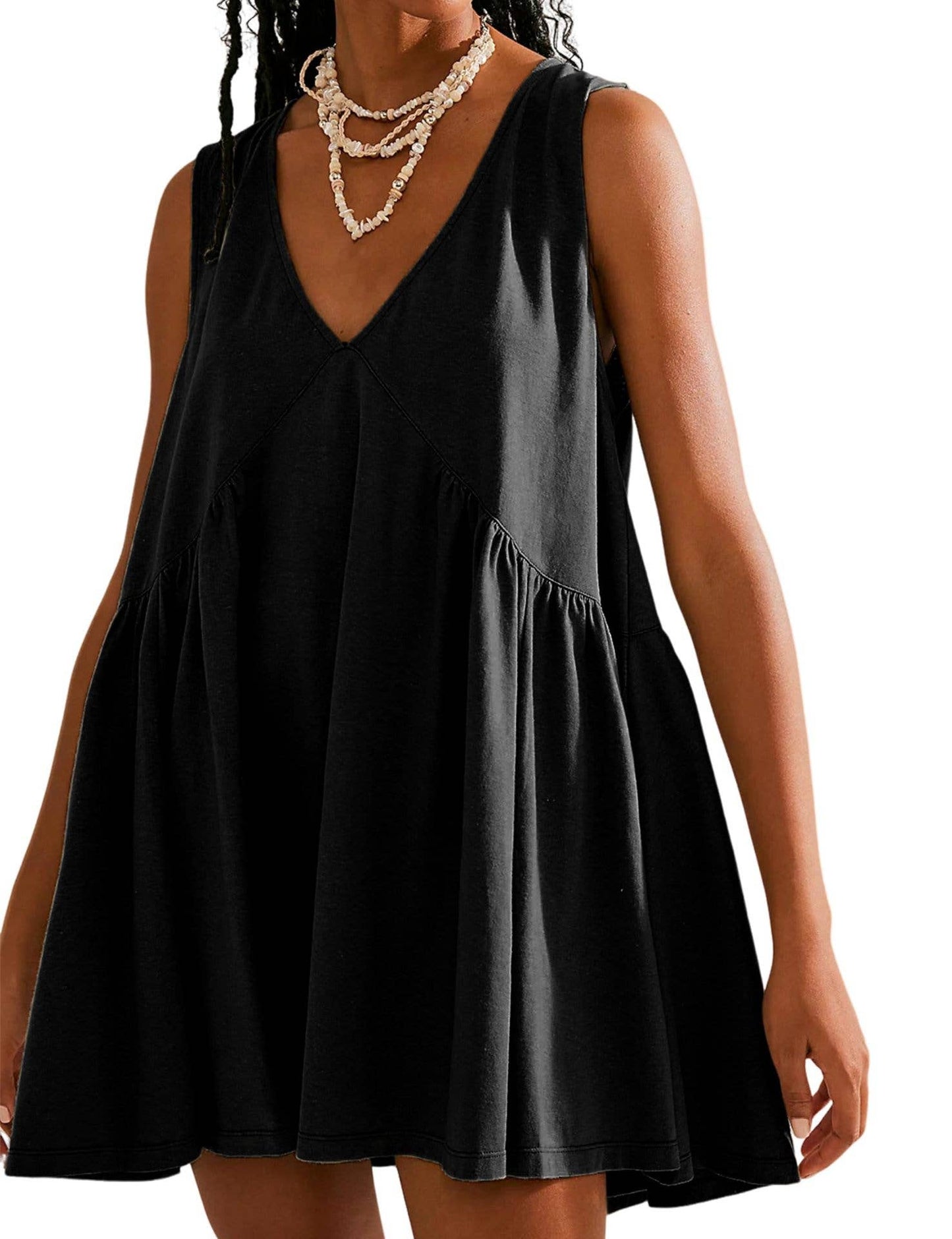 Summer V-Neck Pleated Sleeveless Vest Dress