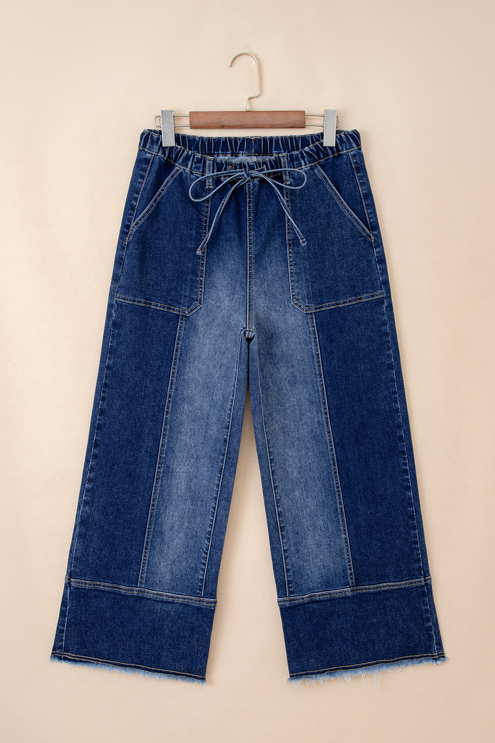 Beau Blue Drawstring Seam Detail Raw Hem Wide Leg Jeans