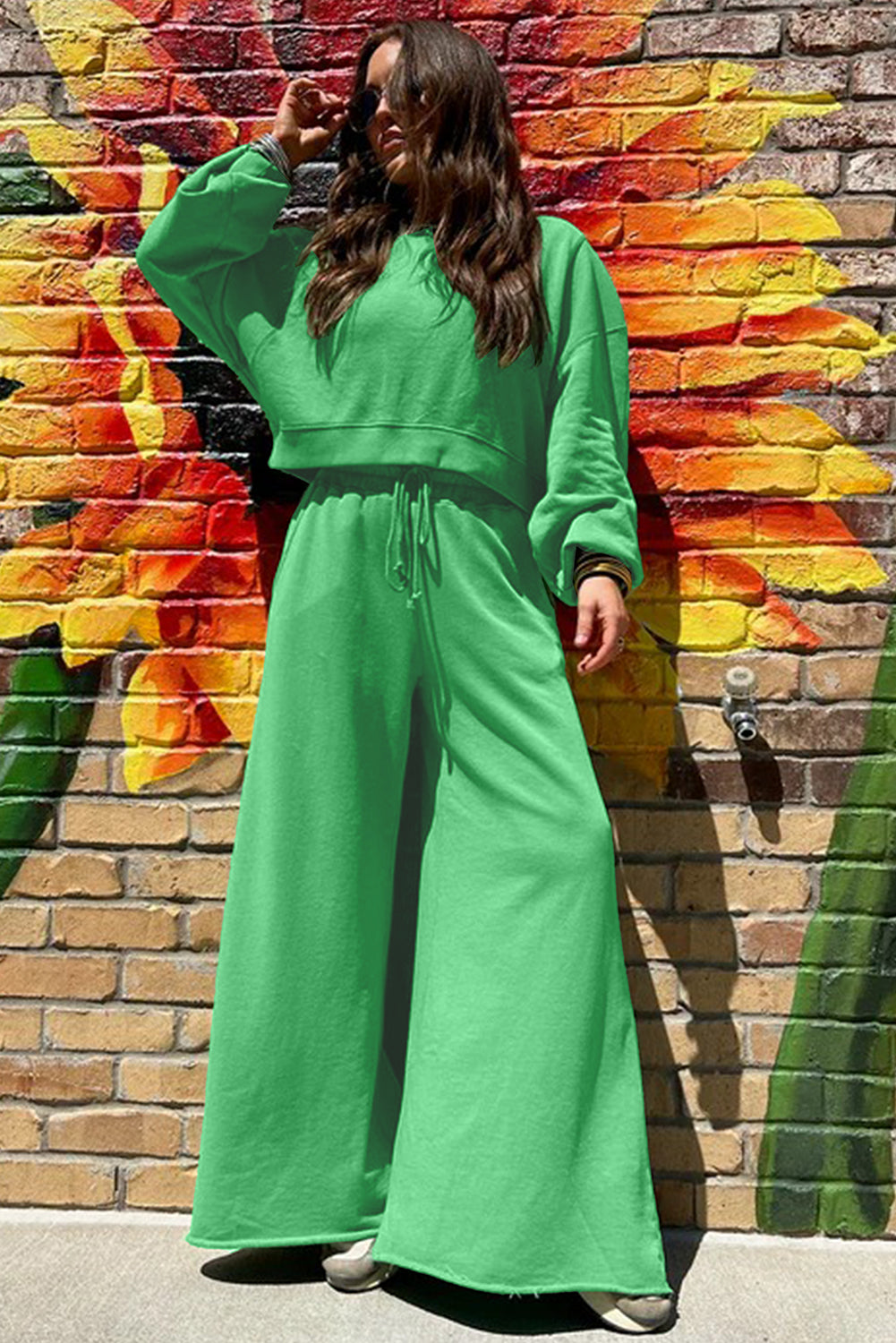 Bright Green Drop Shoulder Crop Pullover Drawstring Wide Leg Pants Set