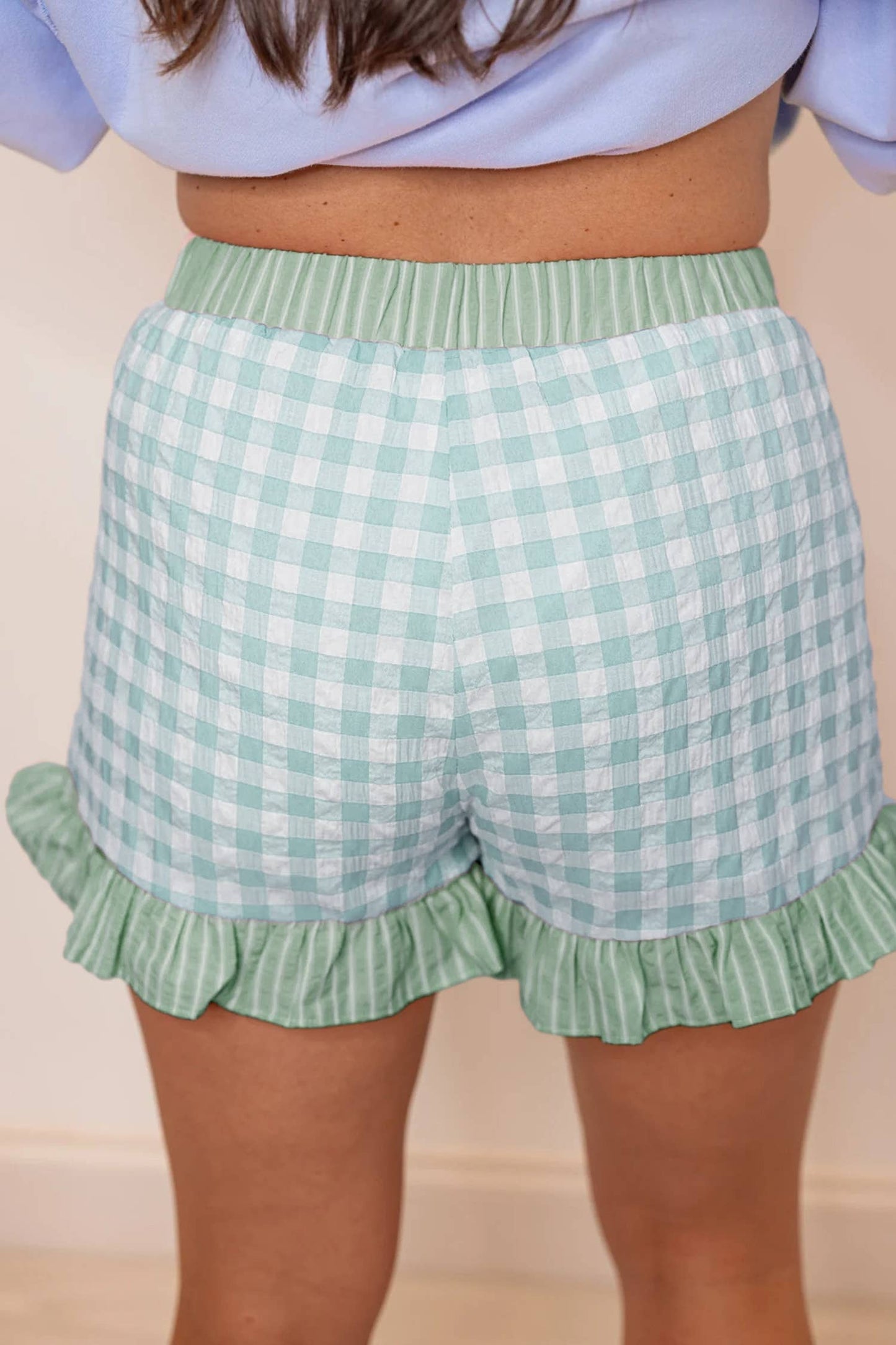 66 Plus Plaid Checkered Gingham Print Ruffled Shorts (S-4X)