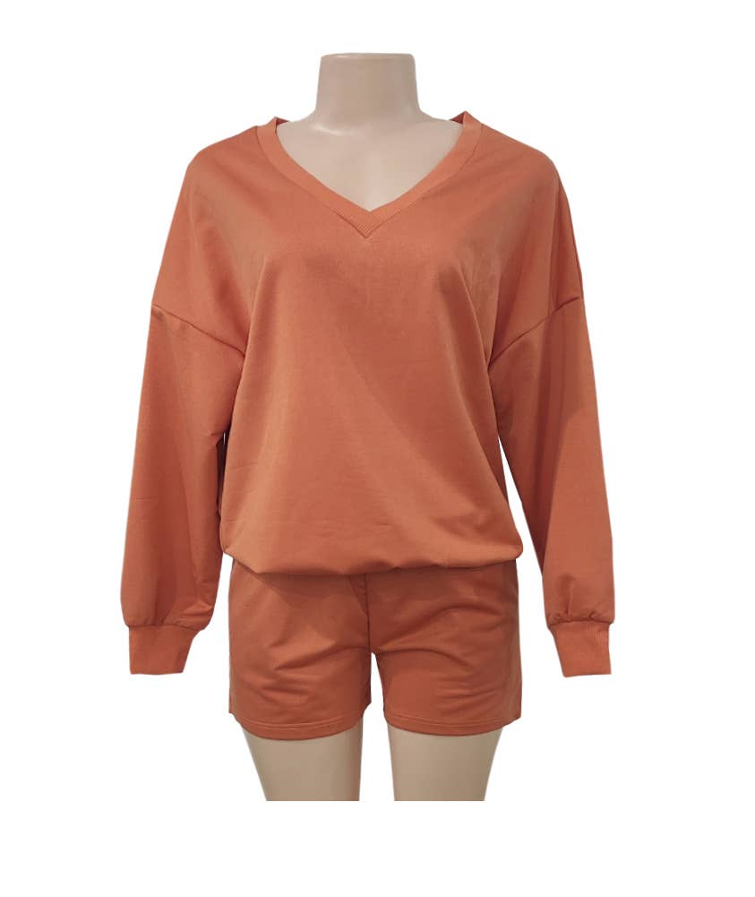 Striped V-Neck Oversized Sweatshirt Shorts Set