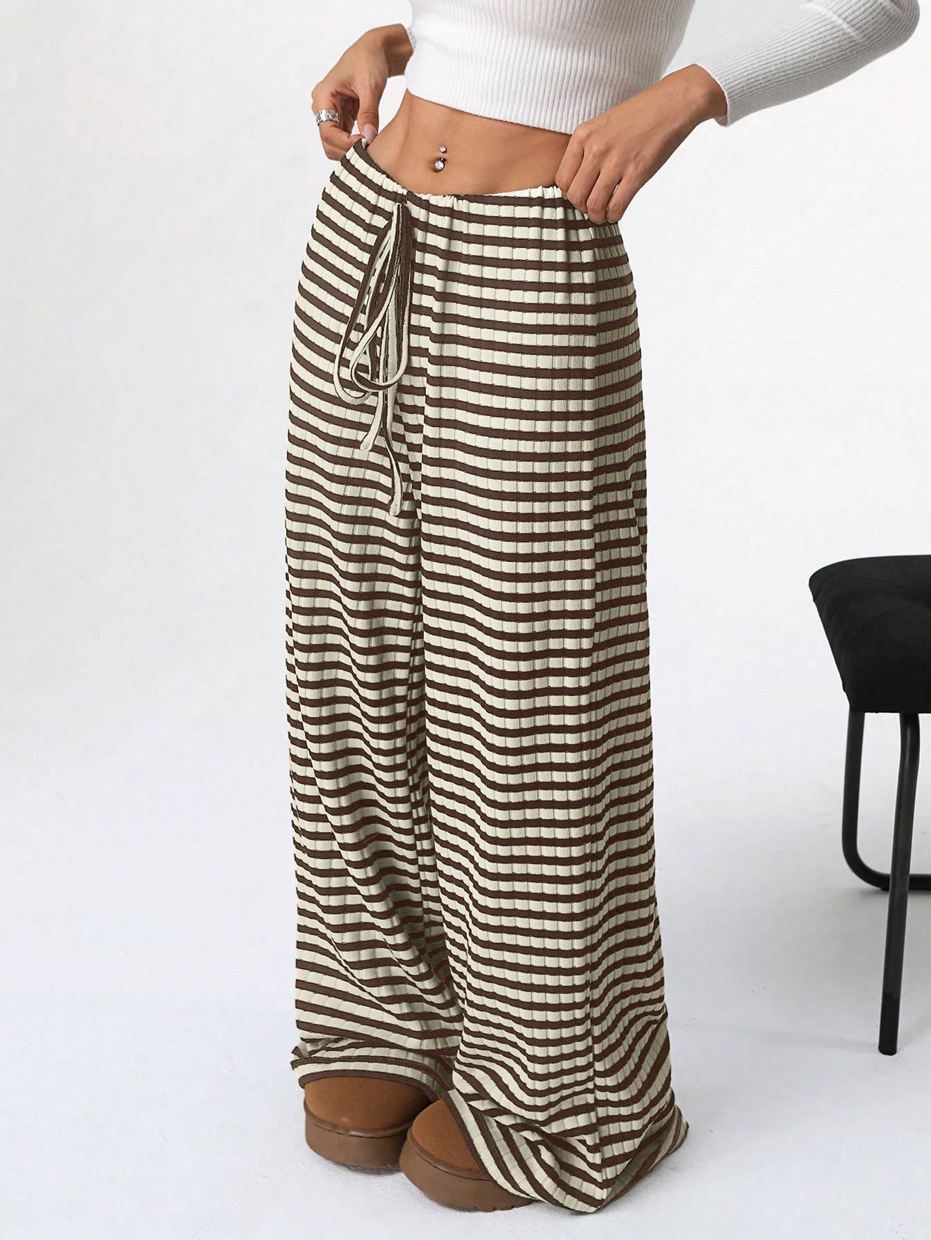 Casual Striped Elastic Drawstring Straight-Leg Pants