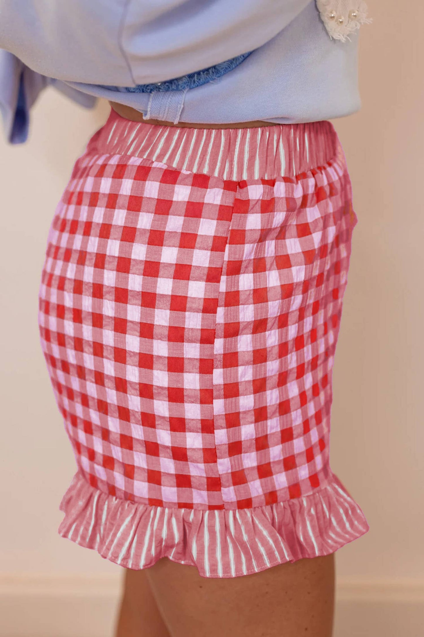 66 Plus Plaid Checkered Gingham Print Ruffled Shorts (S-4X)