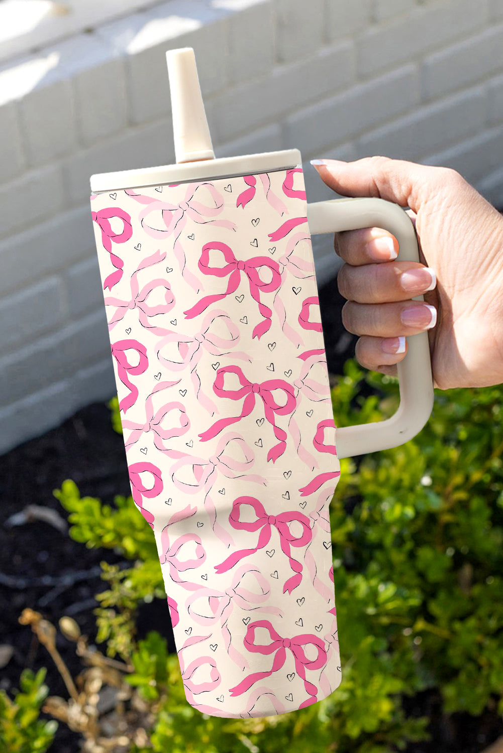 Bright Pink Bow Heart Print Tumbler Cup