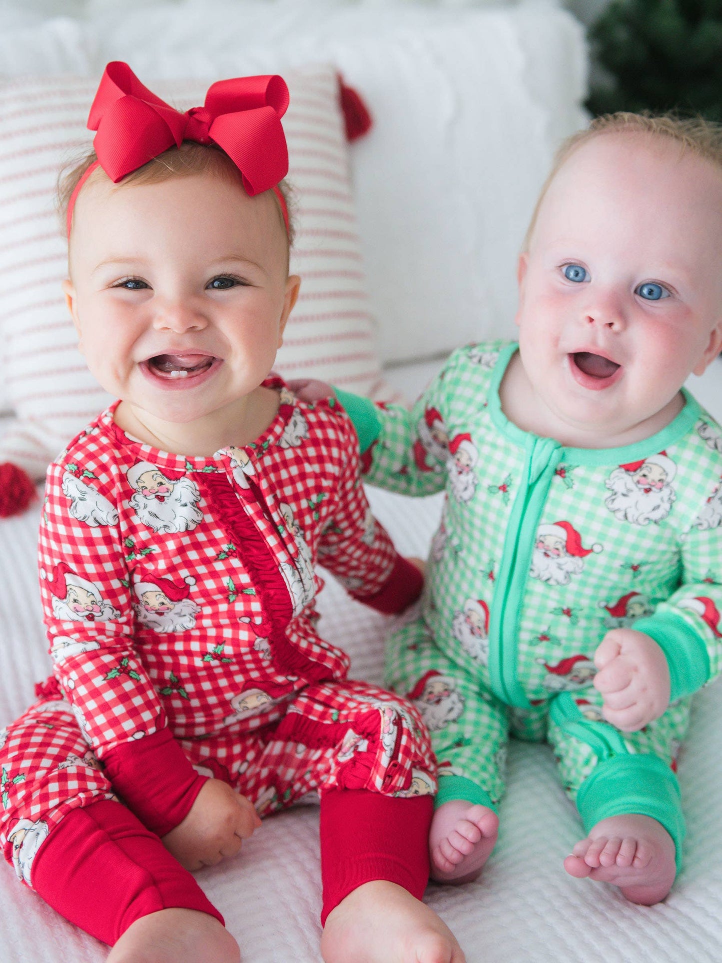 SoftSnooze™ Baby Girls Bamboo Viscose Red Dear Santa Convertible Ruffle One Piece Footie Pajama