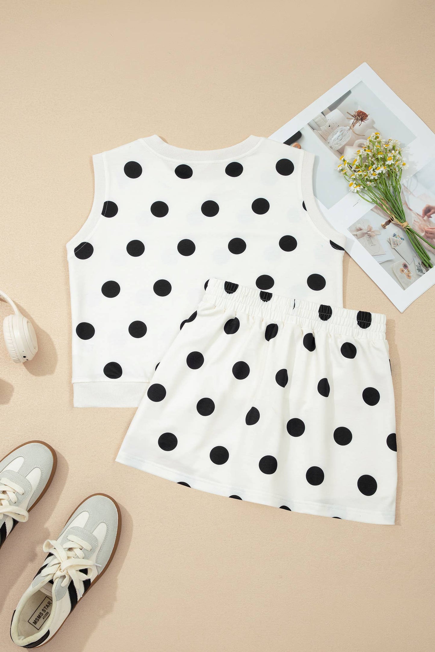 Plus Polka Dot Print Tank Split Mini Skort 2pcs Set (S-4X)
