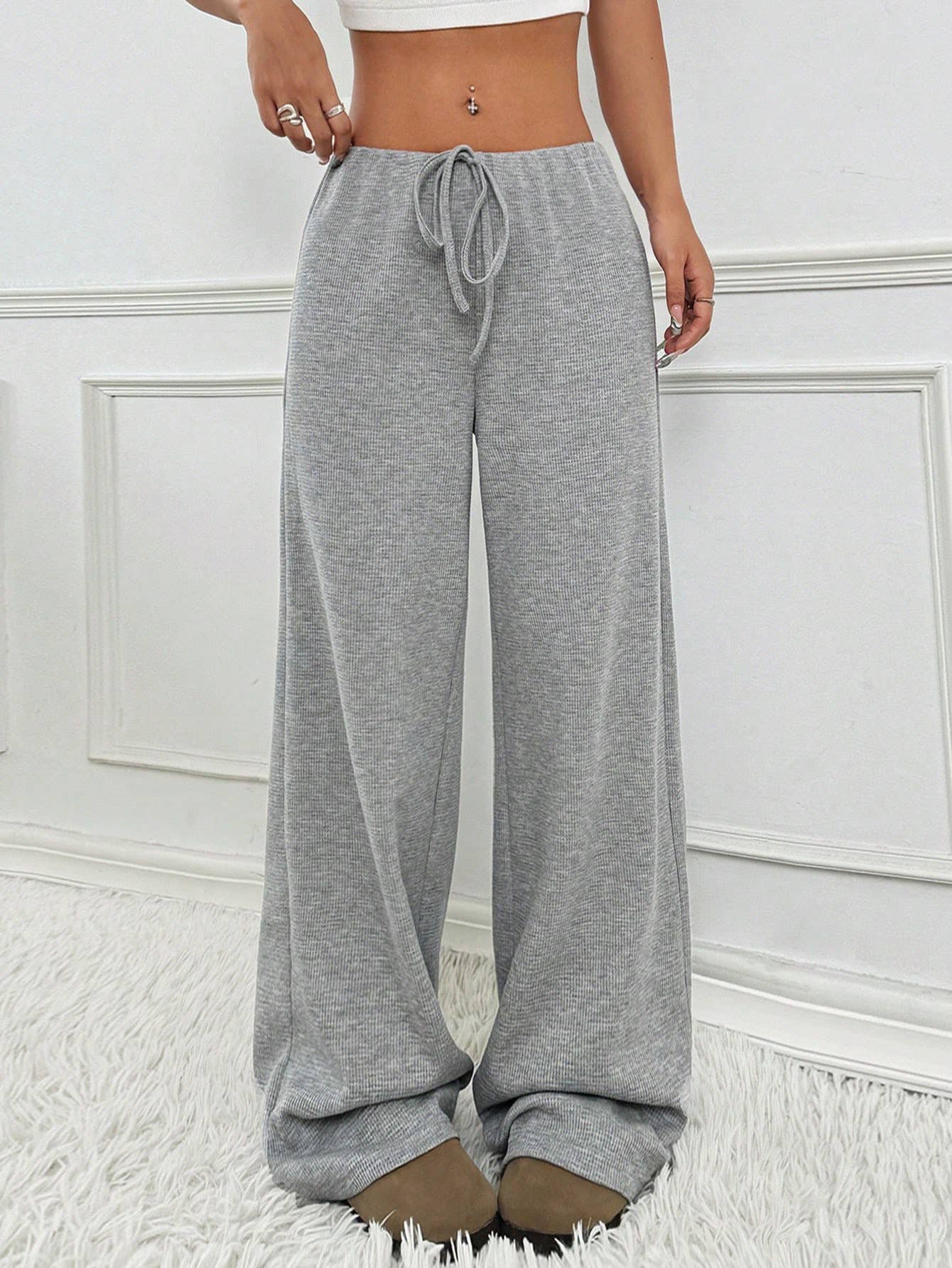 Casual Striped Elastic Drawstring Straight-Leg Pants