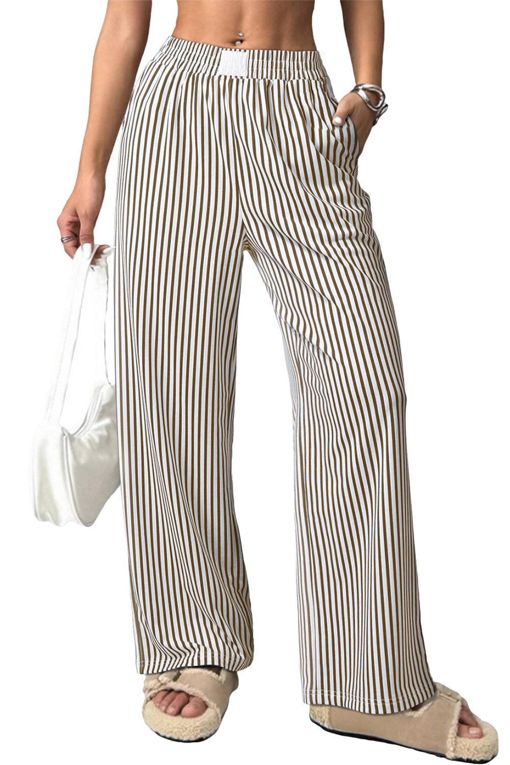 Brown Striped Elastic Waistband Pocketed Loose Pants