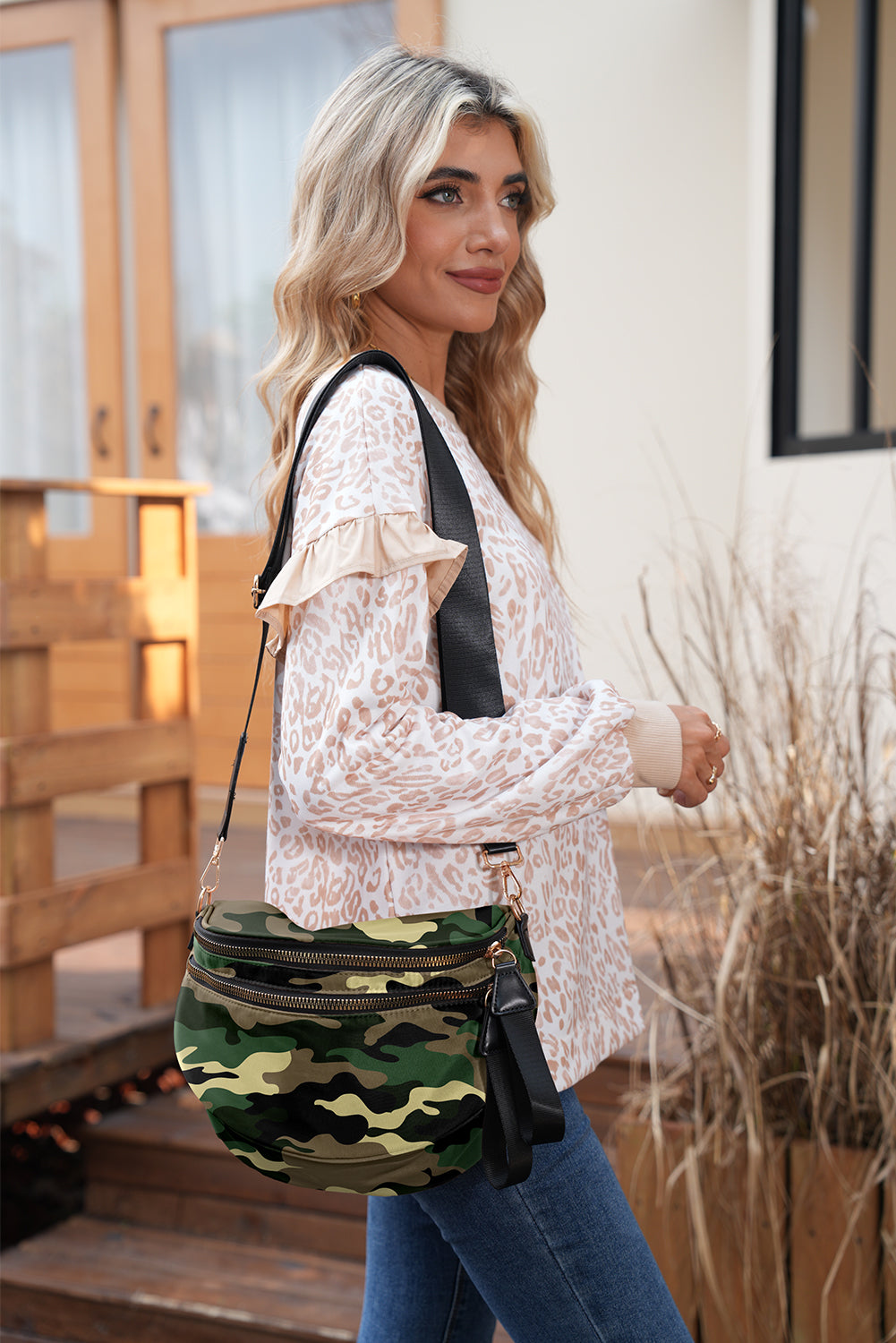 Light Grey Camouflage Print Double Zipper Crossbody Bag