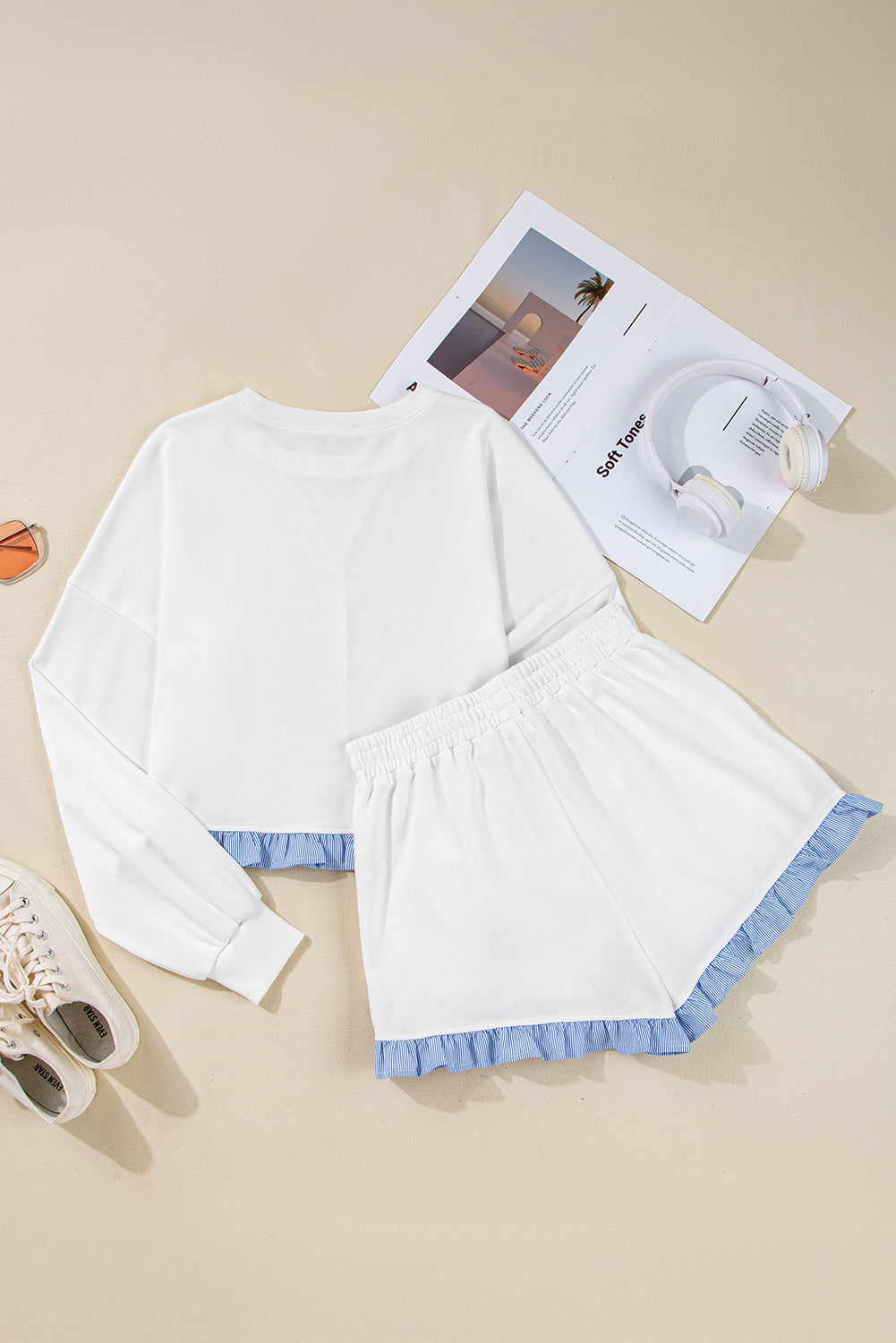 Yellow Cream Gingham Ruffle Hem Long Sleeve Pullover and Shorts Set