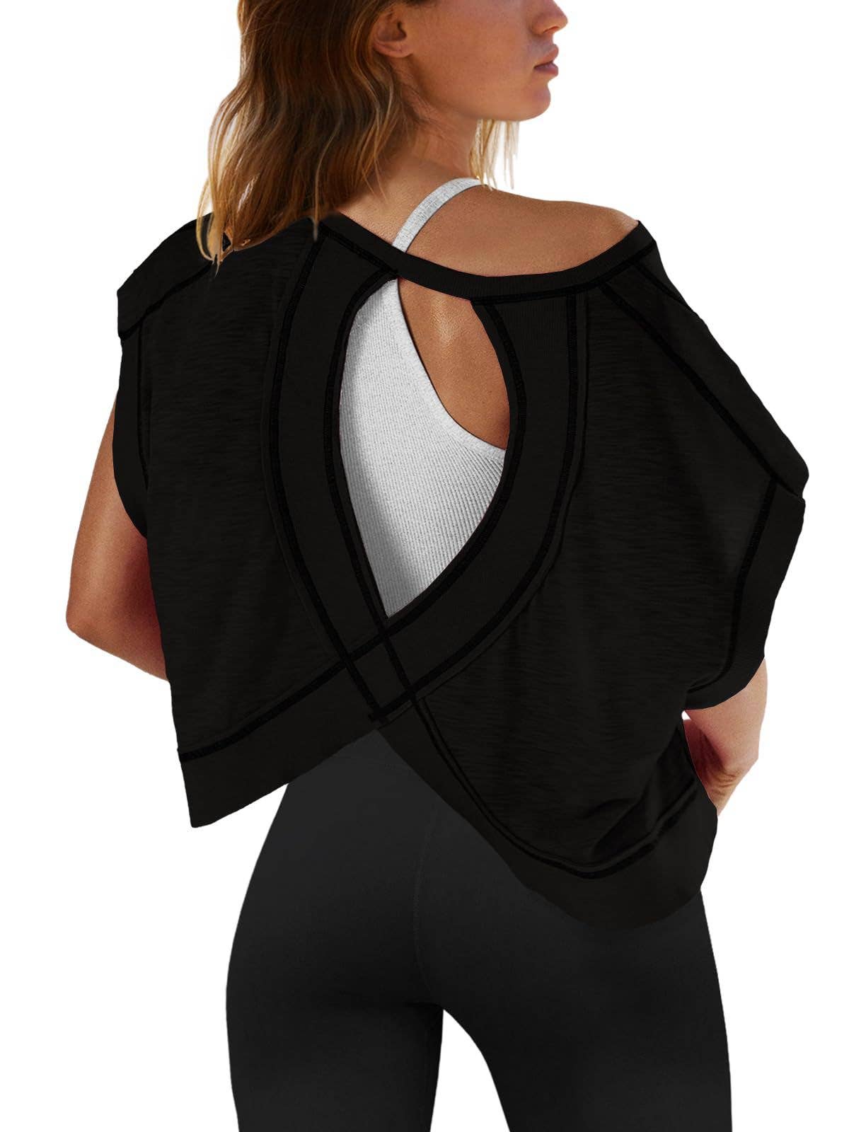 Slouchy wrapped cutout back short sleeve workout tee top