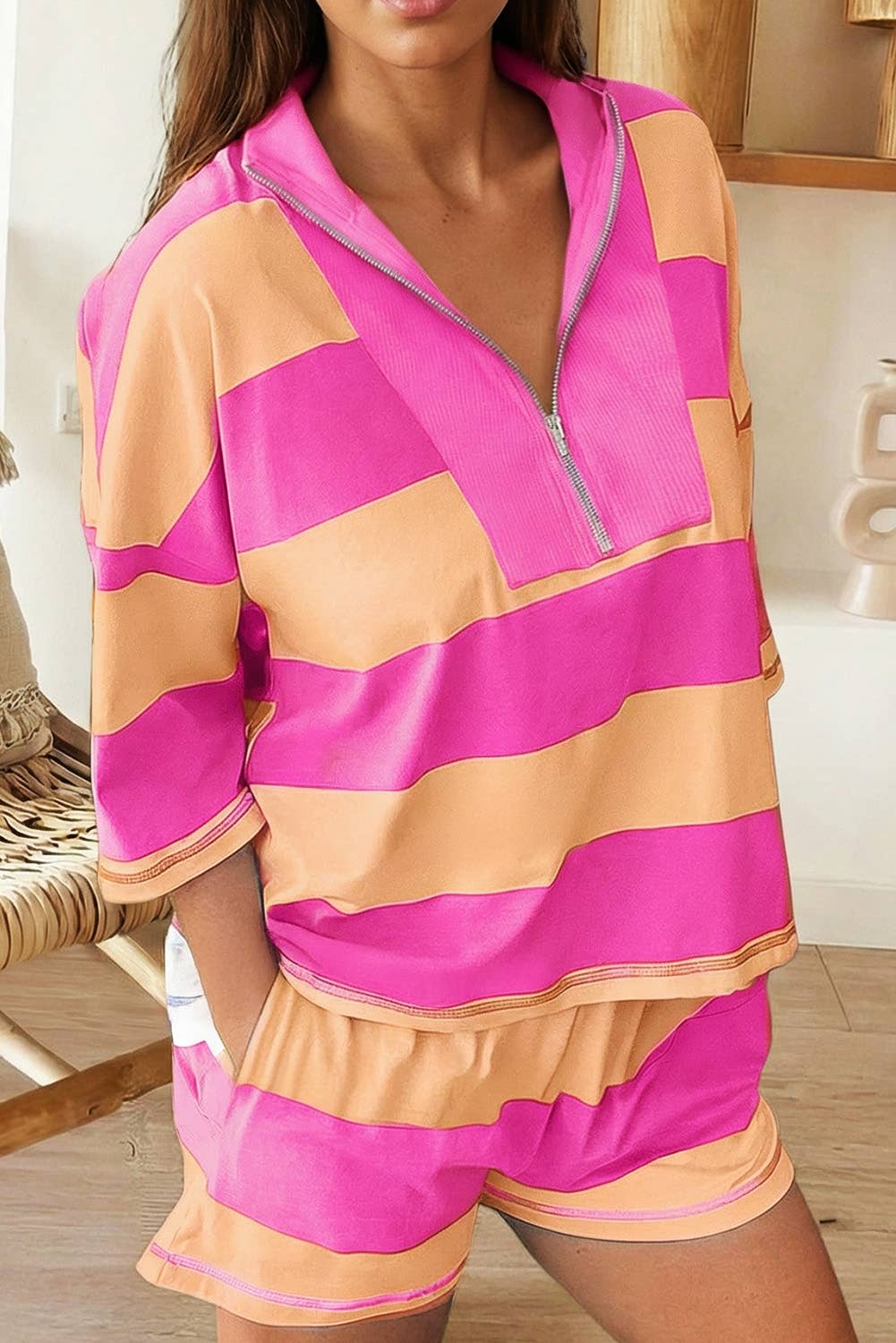 Stripe Seam Half Zip Tee and Casual Shorts 2pcs Set (S-4X)