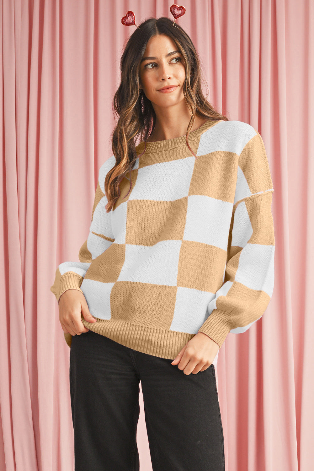 Dark Brown Plaid Bishop Sleeve Pullover Sweater
