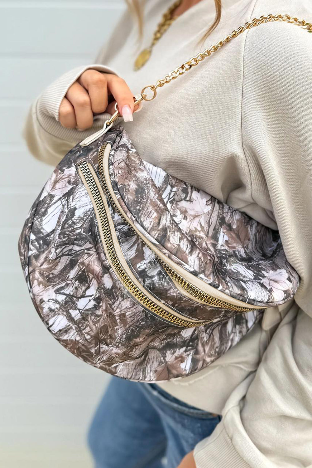 Light Grey Camouflage Print Double Zipper Crossbody Bag