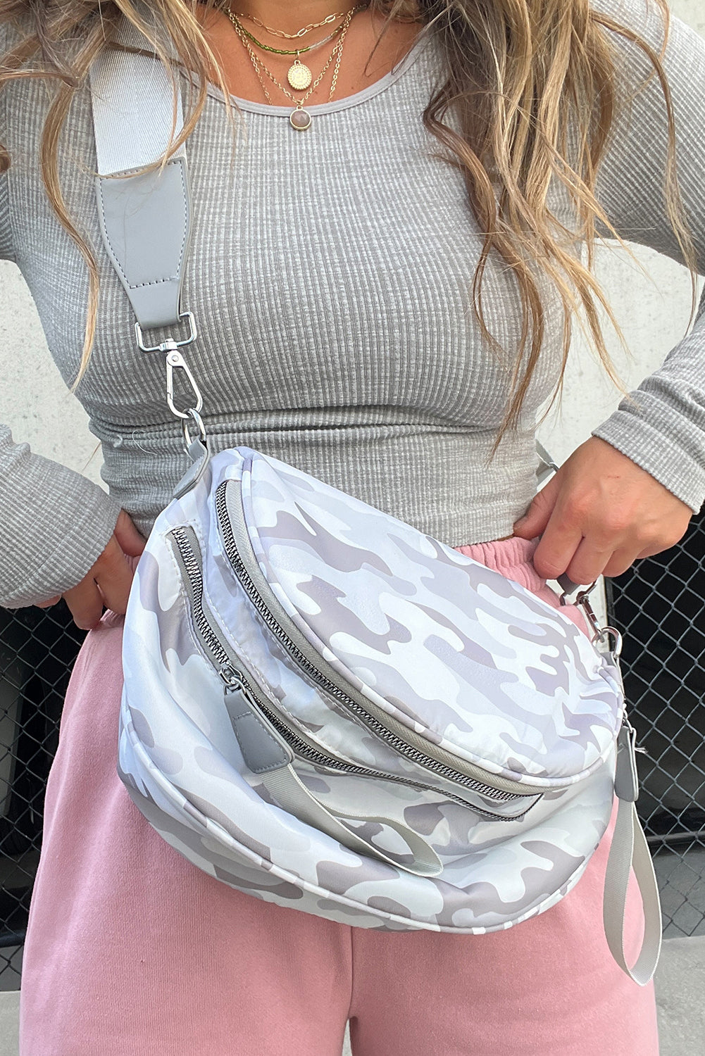 Light Grey Camouflage Print Double Zipper Crossbody Bag