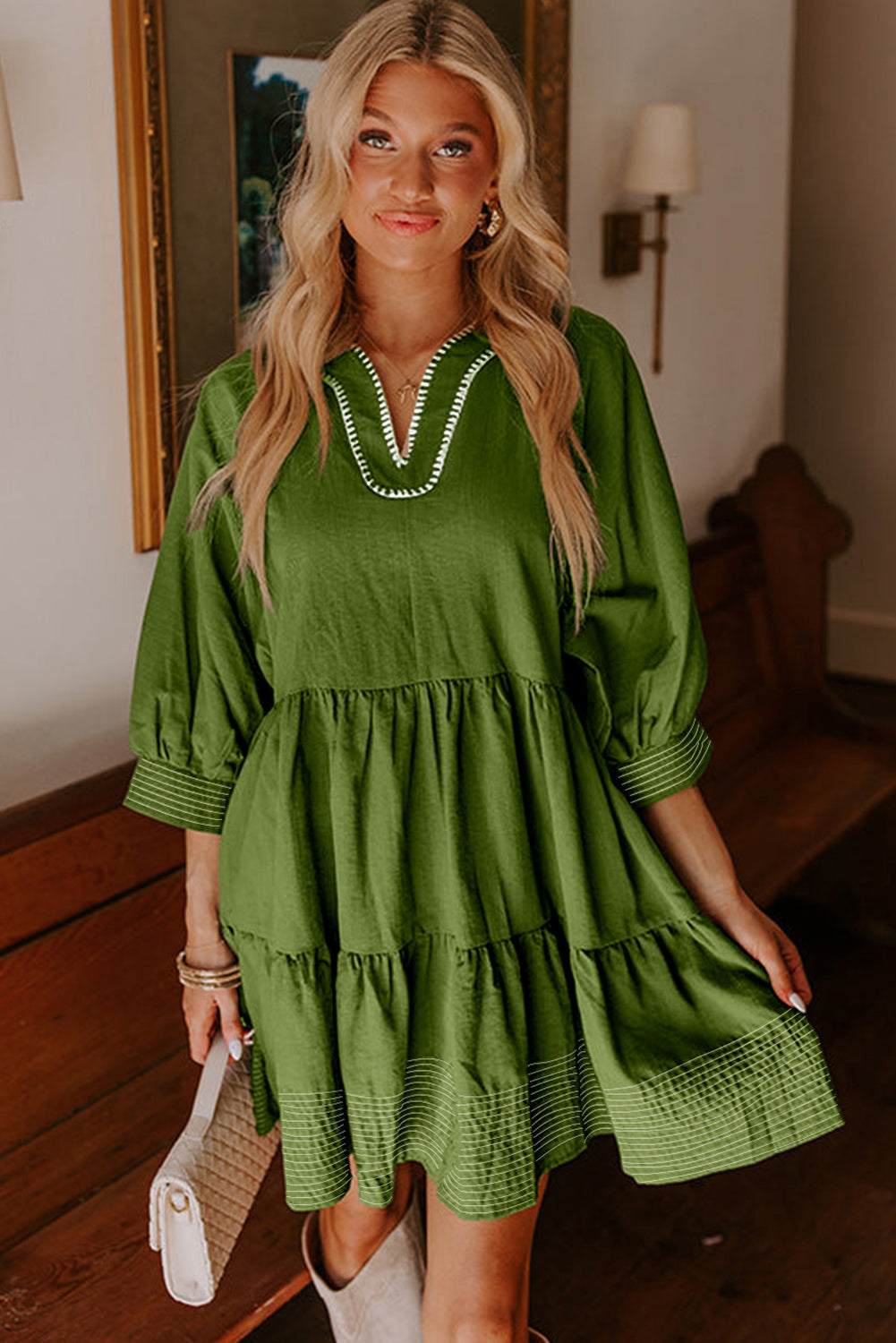 Jungle Green Contrast Stitched V Neck 3/4 Sleeve Swing Mini Dress