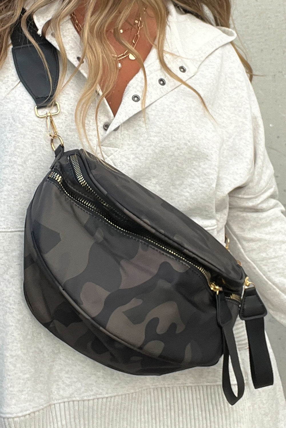 Light Grey Camouflage Print Double Zipper Crossbody Bag