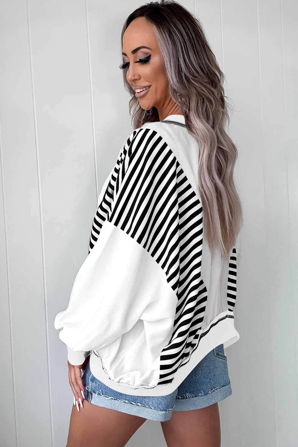 Brown Striped Colorblock Patchwork Oversized Sweatshirt