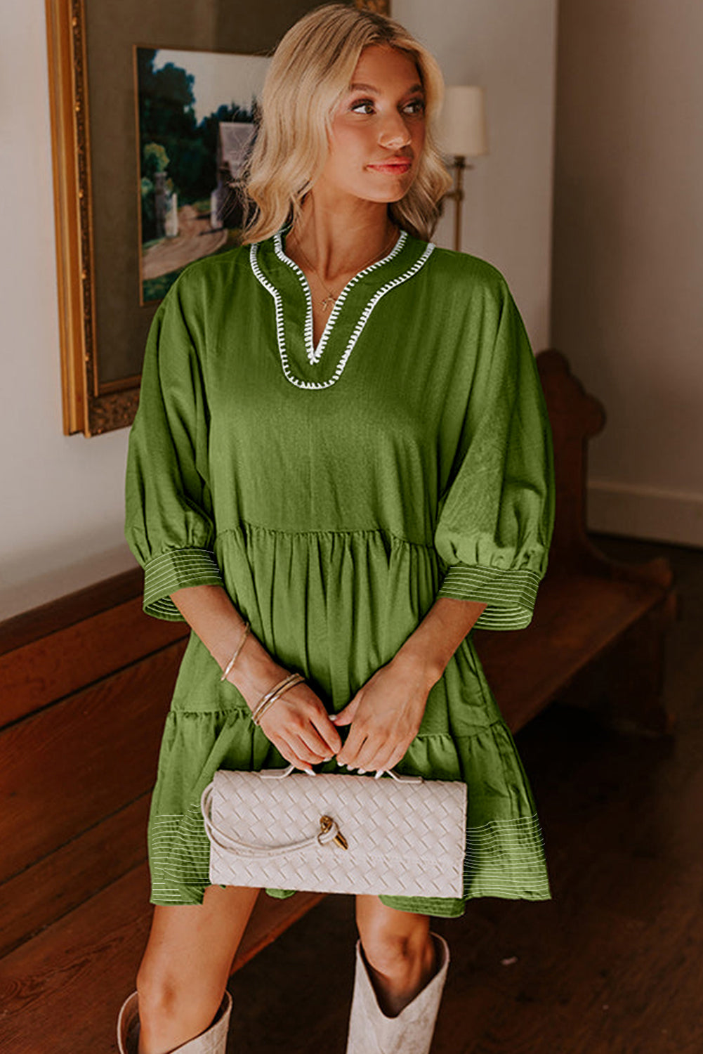 Jungle Green Contrast Stitched V Neck 3/4 Sleeve Swing Mini Dress