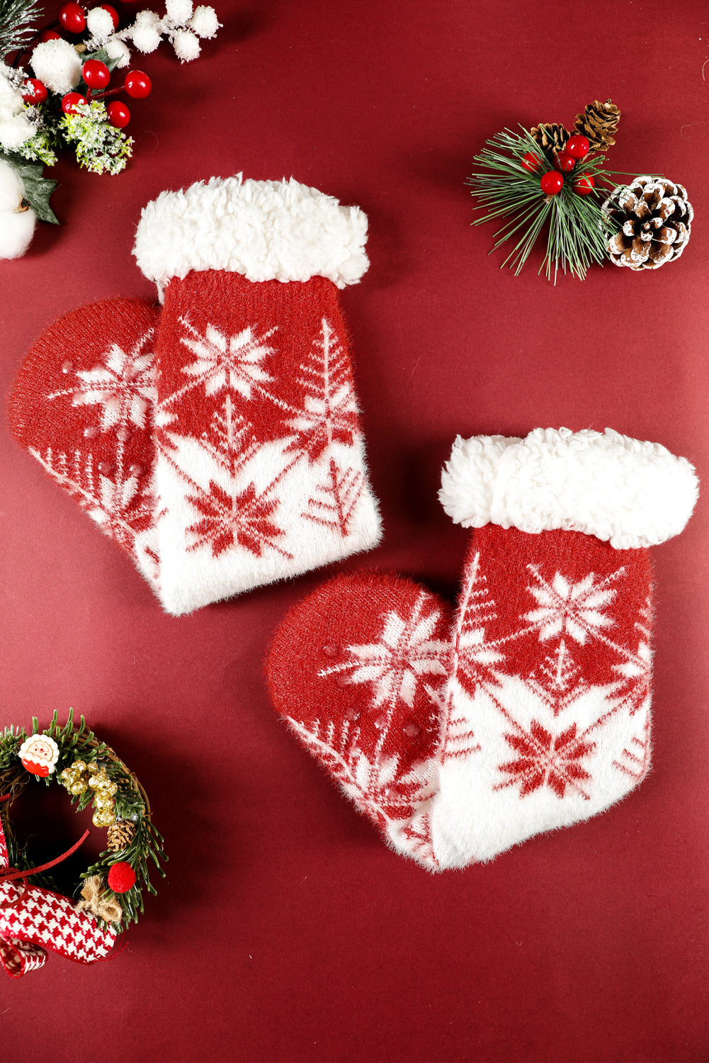 Fiery Red Christmas Snowflake Fuzzy Non-Slip Socks
