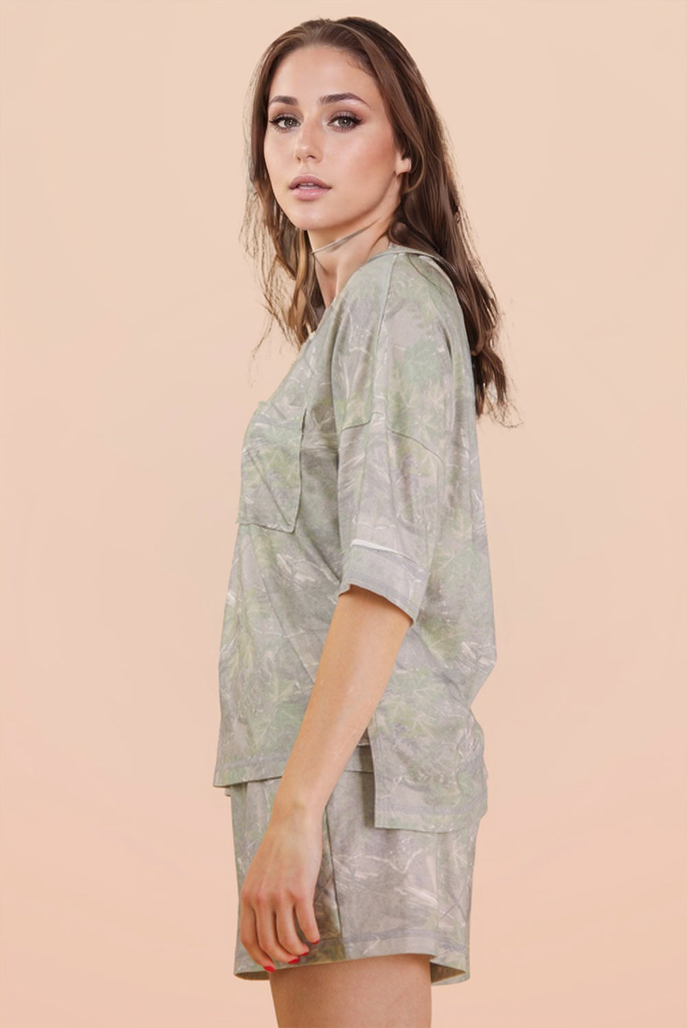 Camo Print Casual Knit Top &amp; Shorts Set