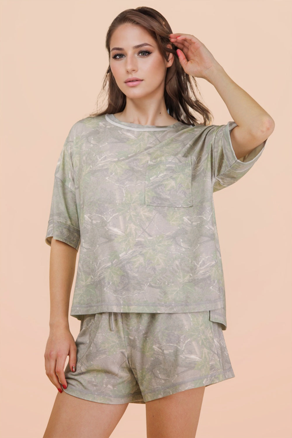 Camo Print Casual Knit Top &amp; Shorts Set