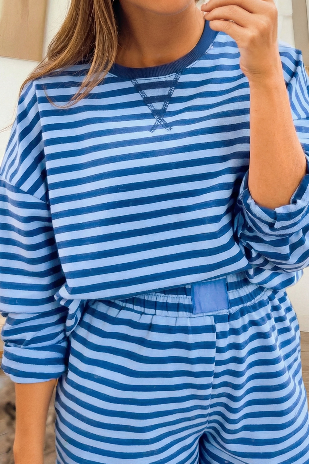 Stripe Long Sleeve Pullover Elastic Waist Shorts Set (S-XL)