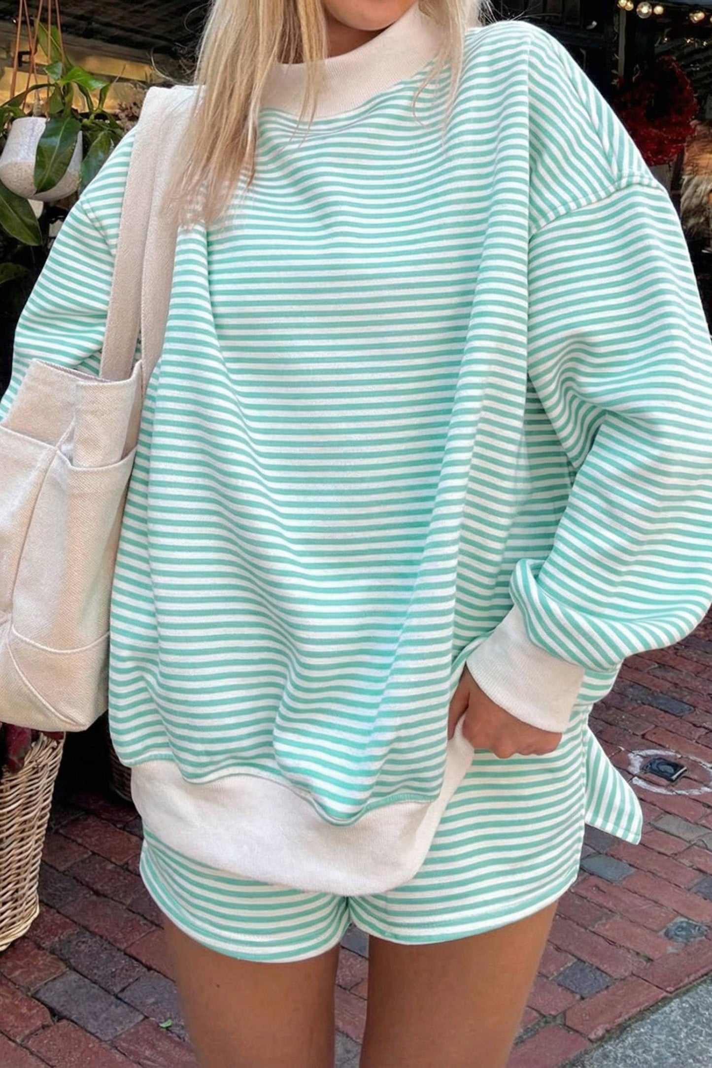 66Stripe Oversize Mock Neck Sweatshirt and Shorts Set (S-XL)