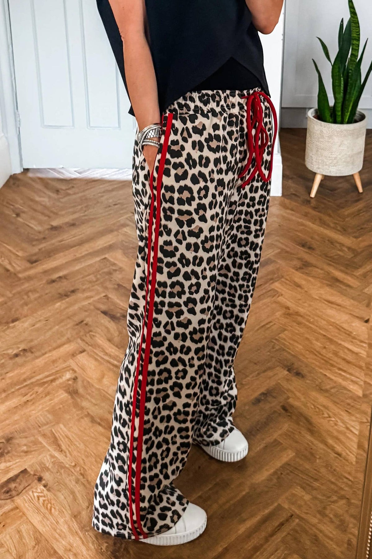 LDC Contrast Detail Tie Waist Leopard Print Casual Pants