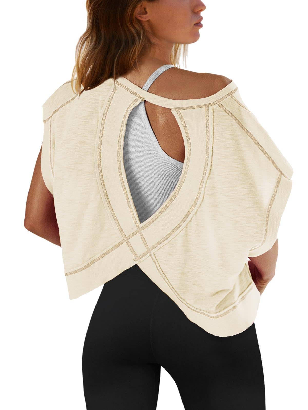 Slouchy wrapped cutout back short sleeve workout tee top