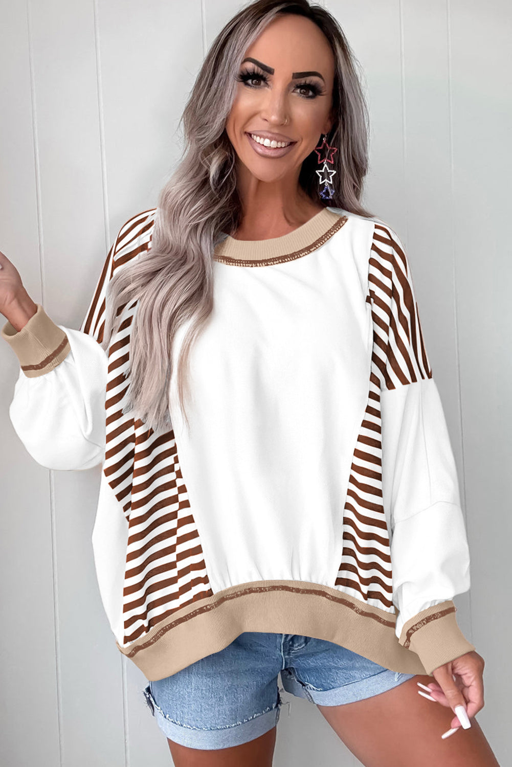 Brown Striped Colorblock Patchwork Oversized Sweatshirt