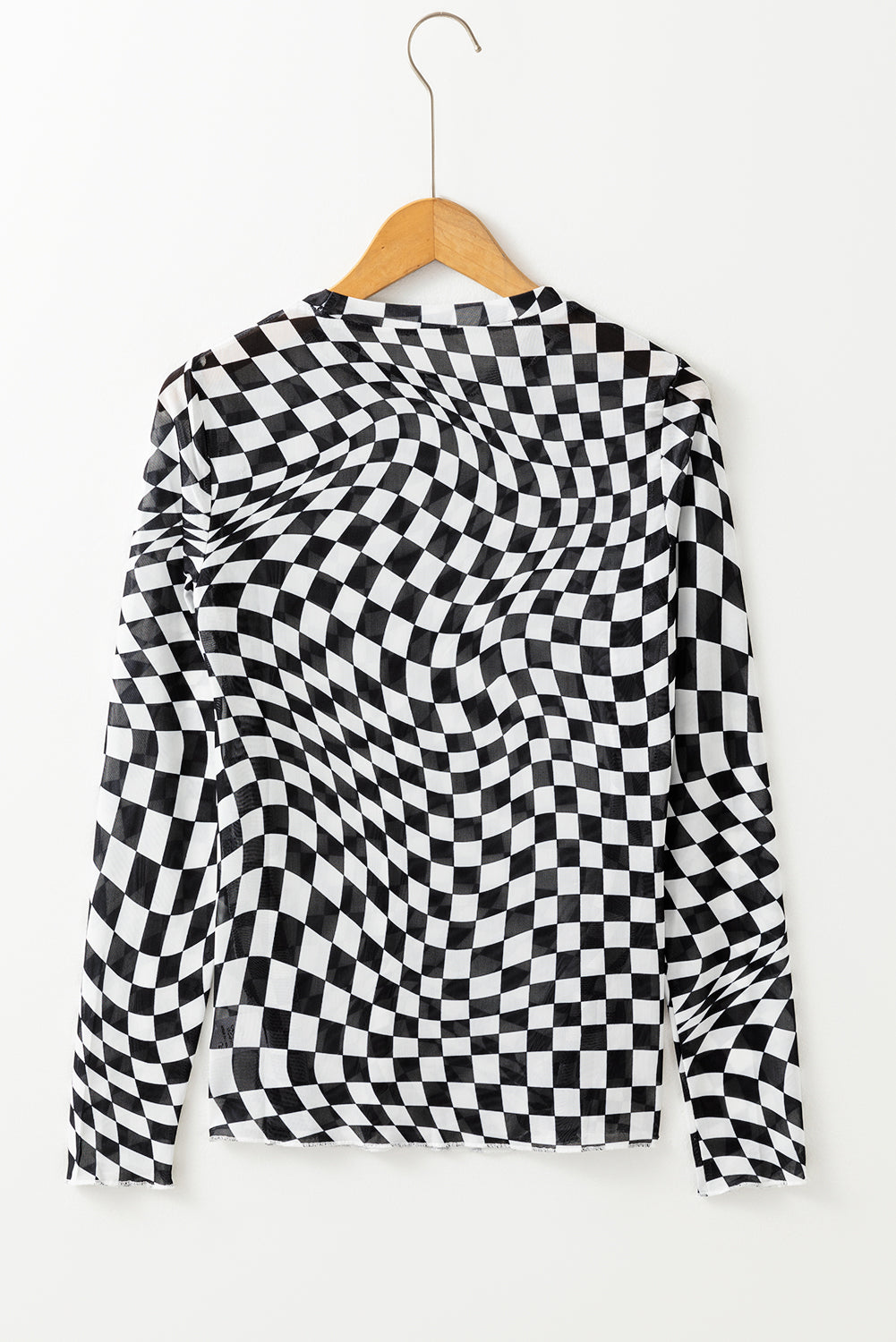 Black Checkered Pattern Mesh Long Sleeve Top