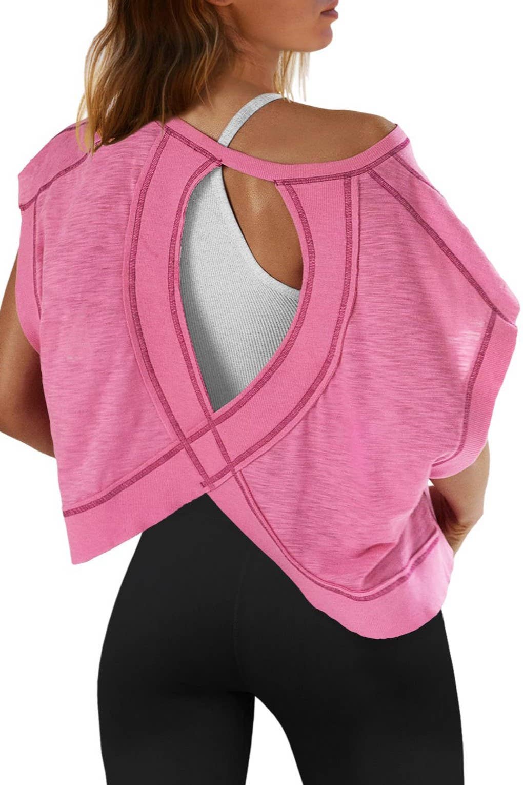 Slouchy wrapped cutout back short sleeve workout tee top