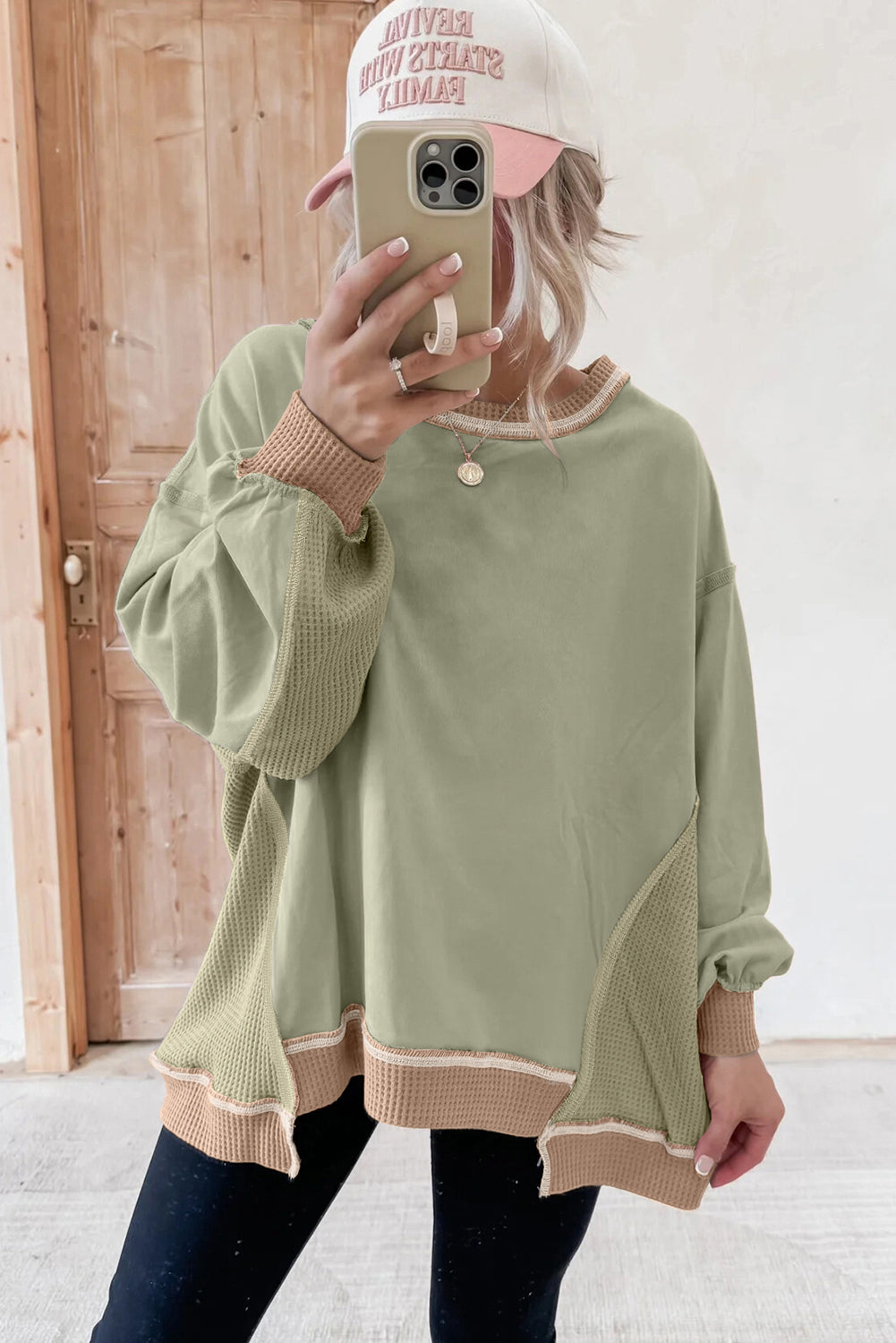Smoke Green Colorblock Waffle Patchwork Oversize Sweatshirt
