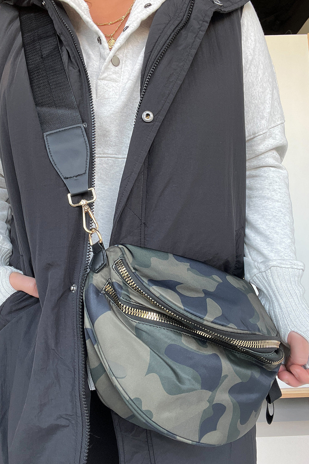 Light Grey Camouflage Print Double Zipper Crossbody Bag