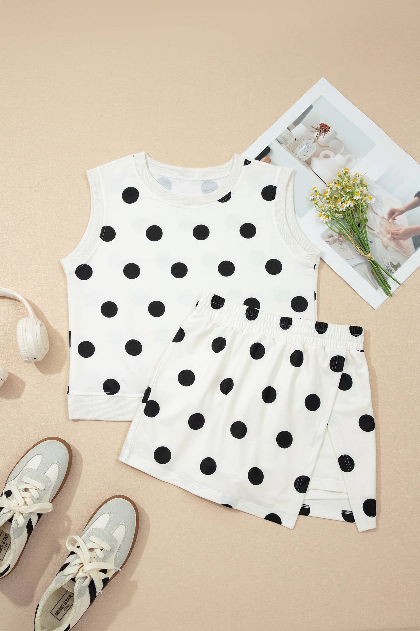 Plus Polka Dot Print Tank Split Mini Skort 2pcs Set (S-4X)